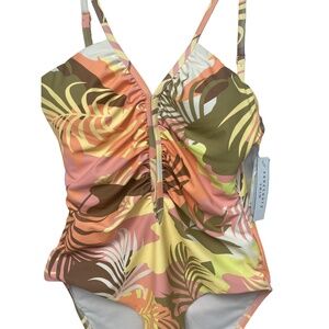 Sanctuary Palm Leaf Print One-Piece Swimsuit with Ruching & Spaghetti Straps M